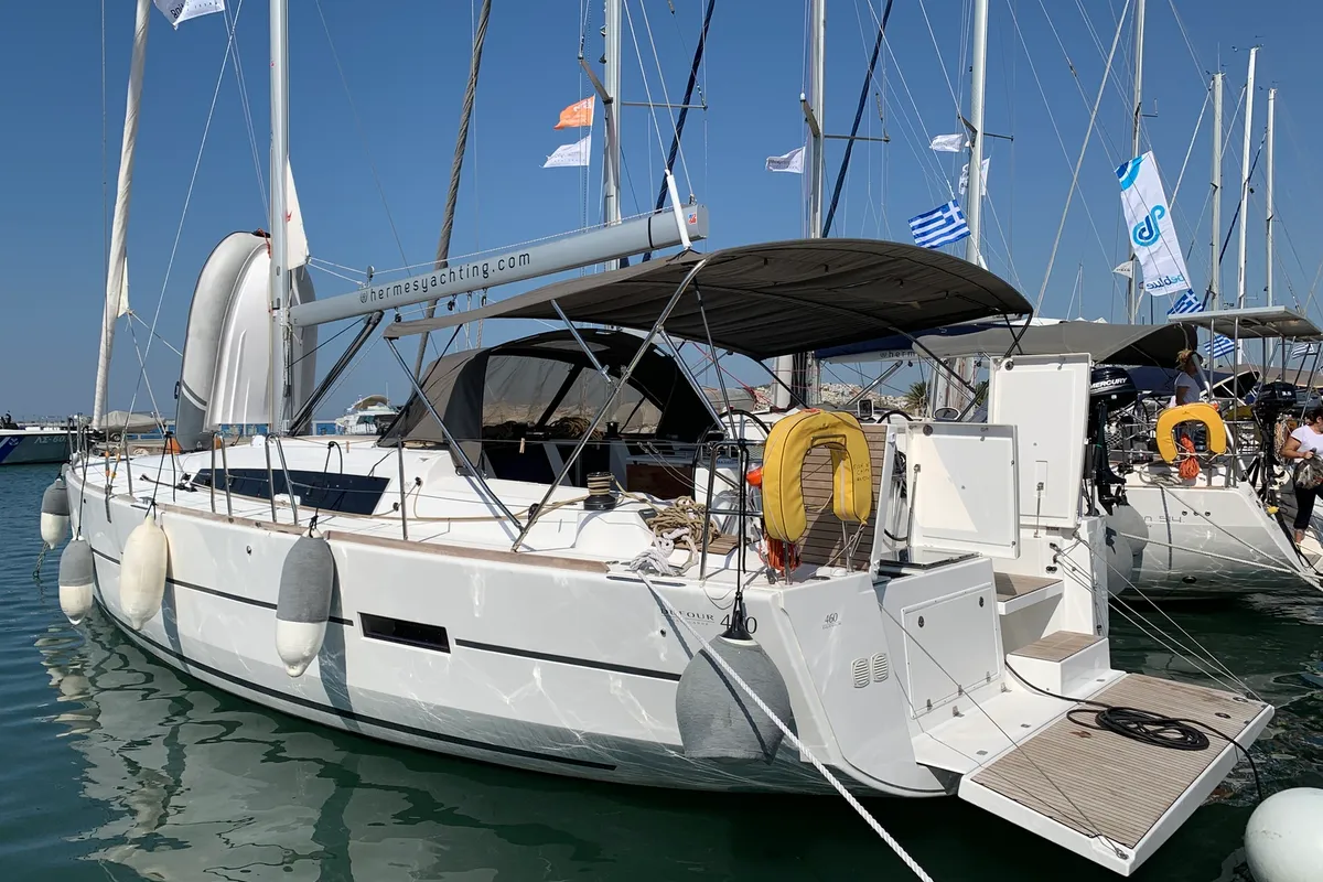 Exterior view of Fish N'Chips, a Dufour 460 GL sailboat at Lavreotiki Municipal Unit, Greece