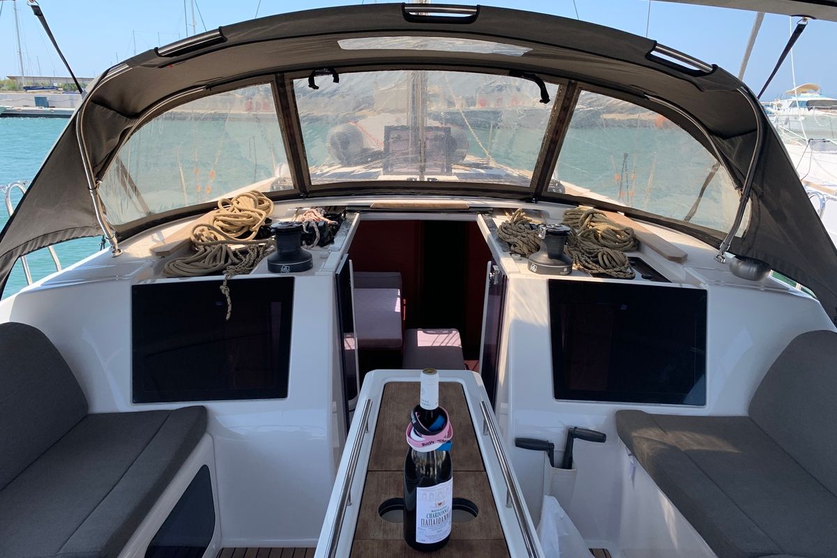 Cockpit of Fish N'Chips, a Dufour 460 GL sailboat at Lavreotiki Municipal Unit, Greece