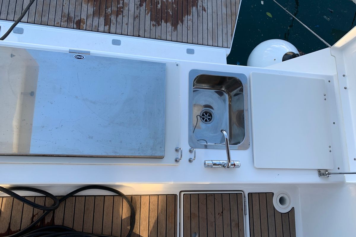 Deck of Fish N'Chips, a Dufour 460 GL sailboat at Lavreotiki Municipal Unit, Greece