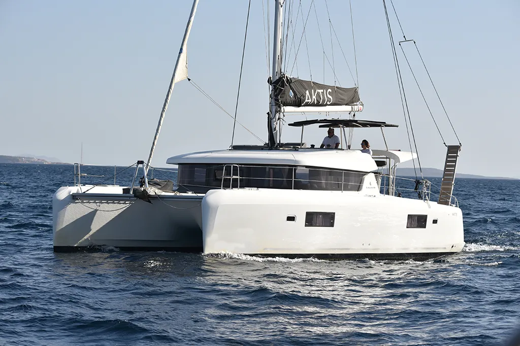 Exterior view of Aktis, a Lagoon 42 catamaran at Athens, Greece