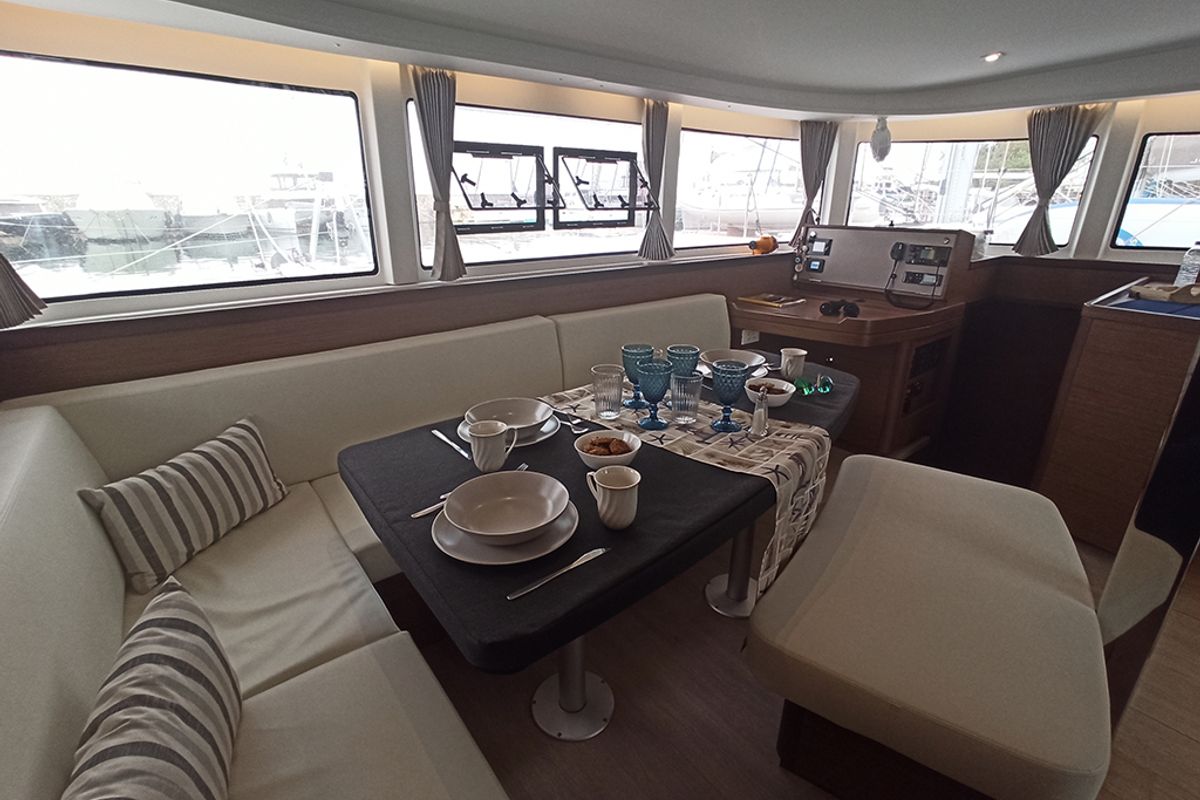 Salon of Aktis, a Lagoon 42 catamaran at Athens, Greece