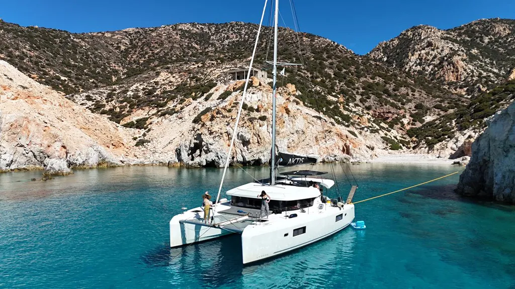 Exterior view of Aktis, a Lagoon 42 catamaran at Athens, Greece