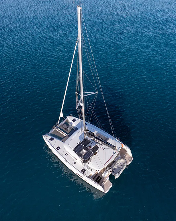 Exterior view of Aktis, a Lagoon 42 catamaran at Athens, Greece