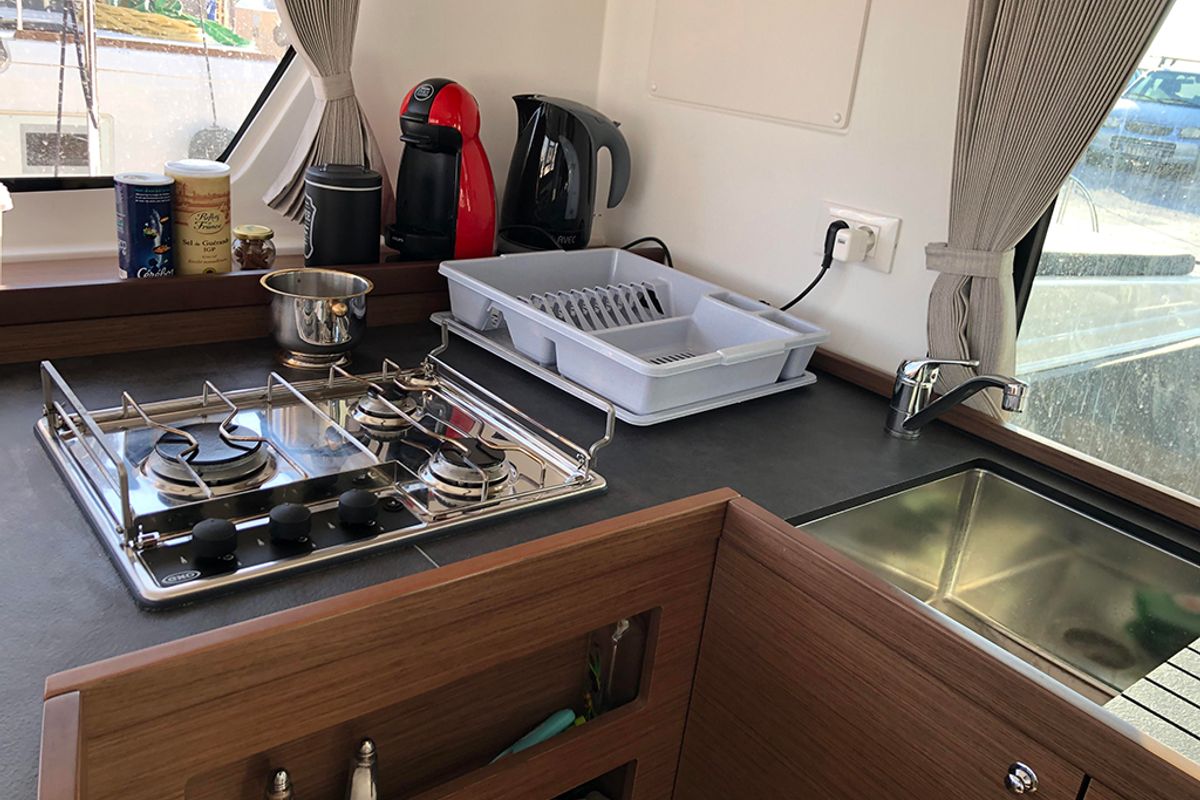 Galley of Aktis, a Lagoon 42 catamaran at Athens, Greece