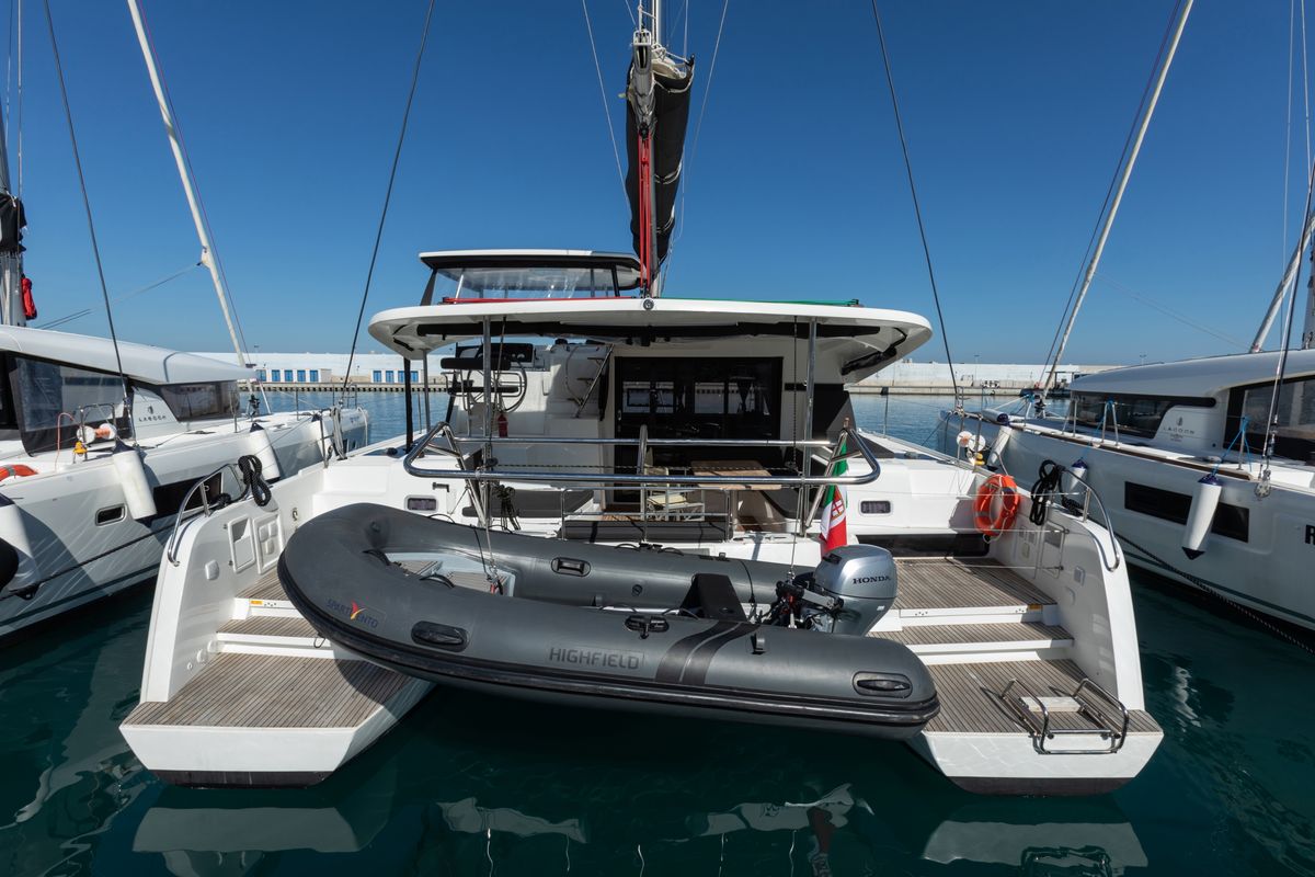 Exterior view of Nacatuli, a Lagoon 42 catamaran at Capo d'Orlando, Italy