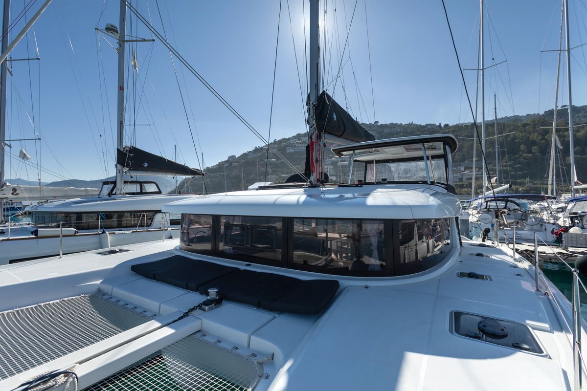 Deck of Nacatuli, a Lagoon 42 catamaran at Capo d'Orlando, Italy
