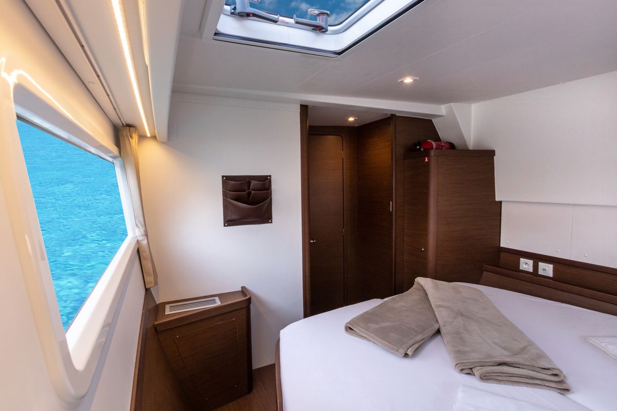 Cabin on Nacatuli, a Lagoon 42 catamaran at Capo d'Orlando, Italy