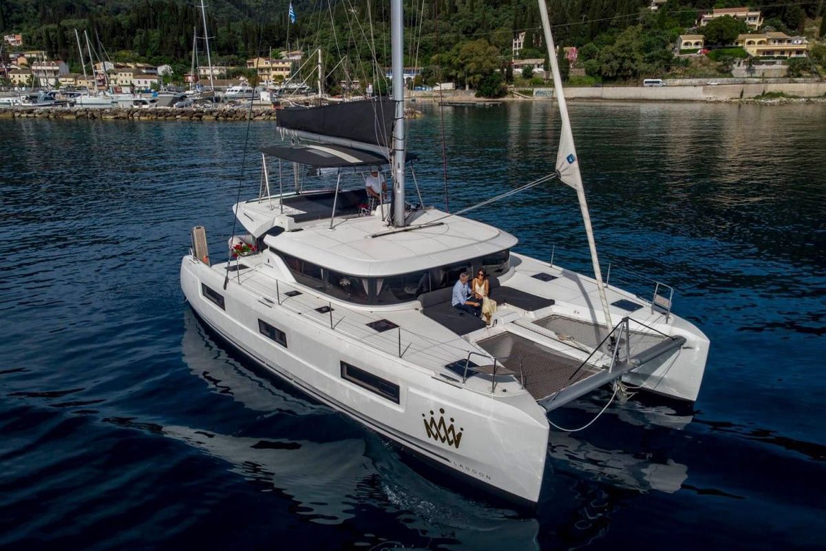 Exterior view of Our Dream, a Lagoon 46 catamaran at Preveza, Greece