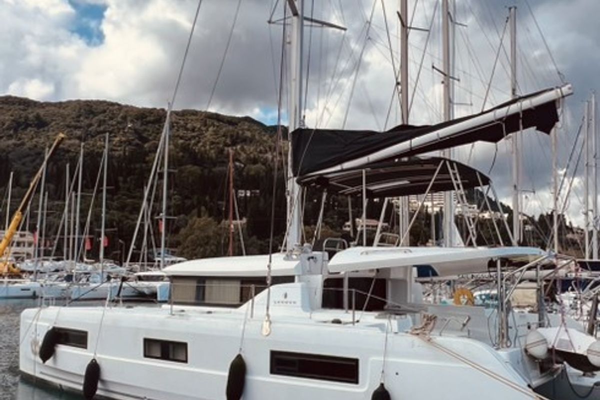 Exterior view of Our Dream, a Lagoon 46 catamaran at Preveza, Greece