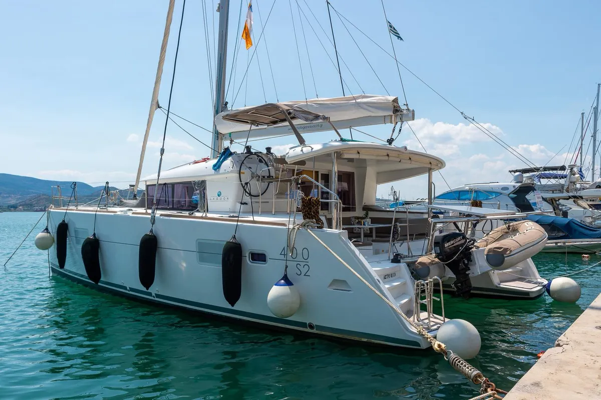 Exterior view of Astro, a Lagoon 400 S2 catamaran at Volos Municipality, Greece