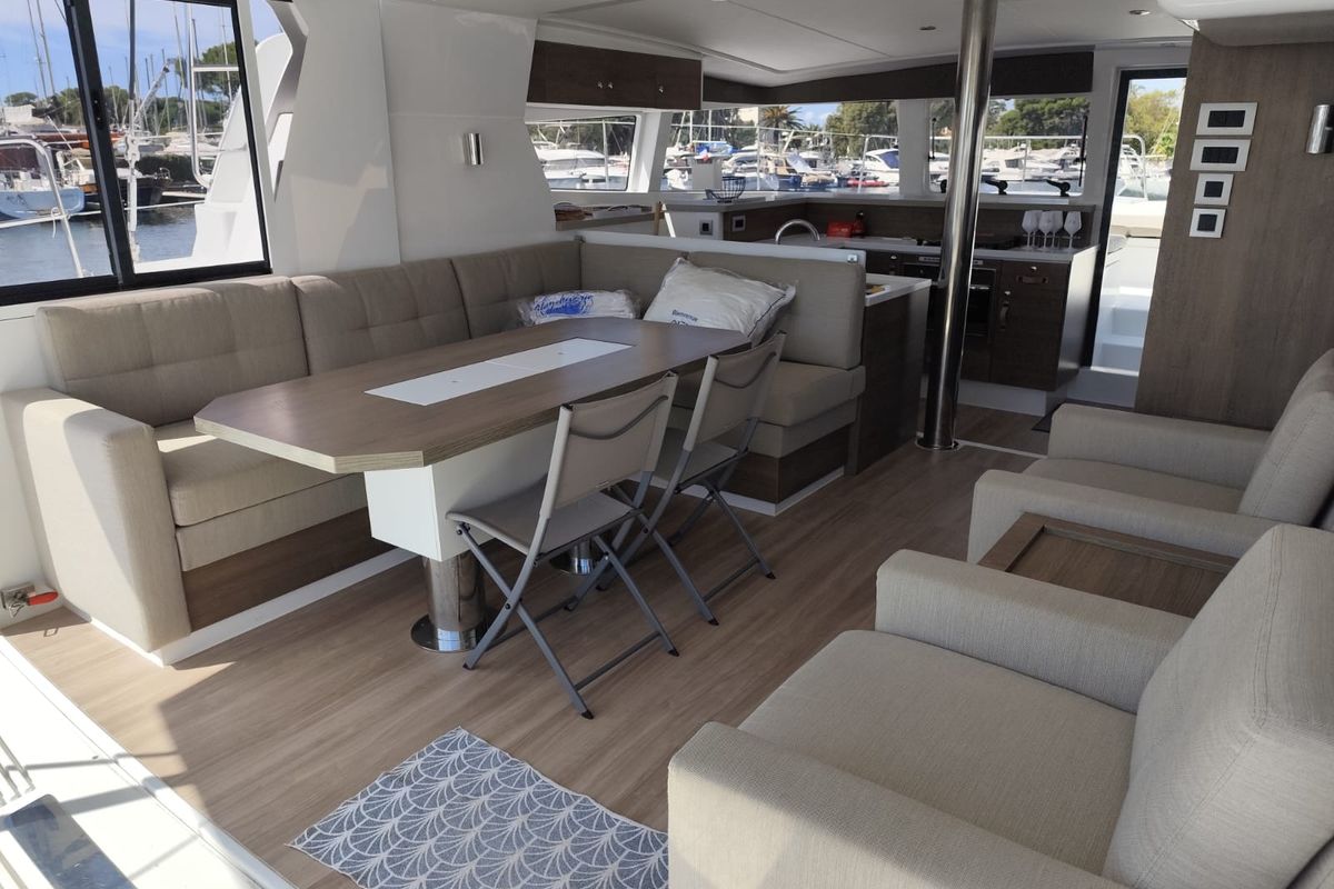 Salon of FIMA, a Bali 4.2 catamaran at Hyères, France