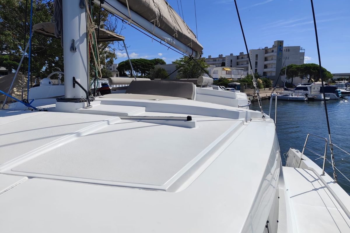 Deck of FIMA, a Bali 4.2 catamaran at Hyères, France
