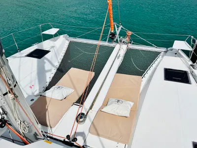 Deck of One Mallorca Crewed, a Excess 11 catamaran at Port d'Andratx, Spain