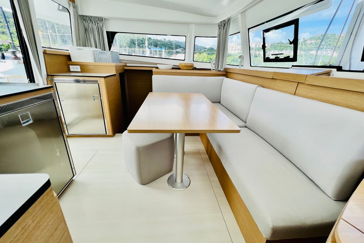 Salon of One Mallorca Crewed, a Excess 11 catamaran at Port d'Andratx, Spain