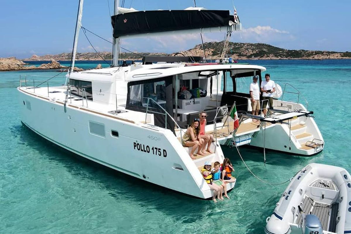 Exterior view of Pollo, a Lagoon 450 Fly catamaran at Lu Palau/Palau, Italy