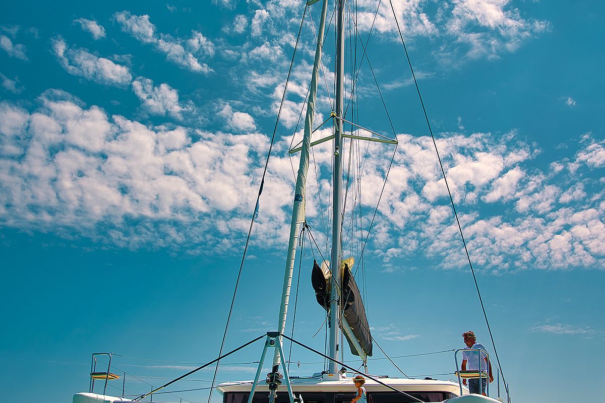 Deck of Pollo, a Lagoon 450 Fly catamaran at Lu Palau/Palau, Italy