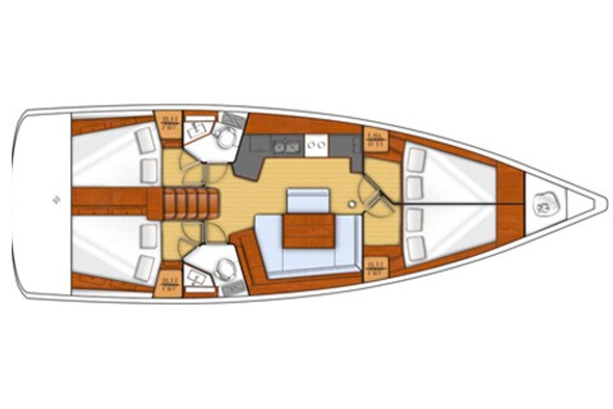 Floor plan of Senza Regole, a Beneteau Oceanis 45 sailboat at Tonnarella, Italy