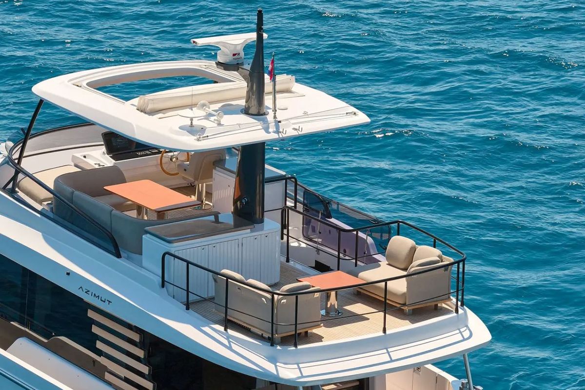 Deck of Amparito XIII, a Azimut Magellano 60 yacht at Lavreotiki Municipal Unit, Greece