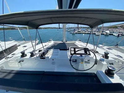 Cockpit of Dreamelli, a Lagoon 450 F catamaran at Grad Trogir, Croatia