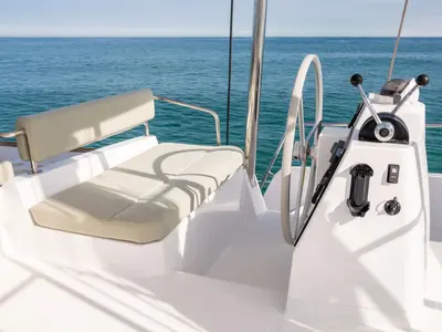 Cockpit of Romar VII, a Bali 4.6 catamaran at Athens, Greece