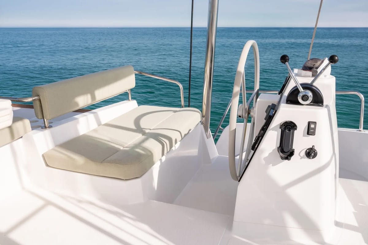 Cockpit of Romar VII, a Bali 4.6 catamaran at Athens, Greece