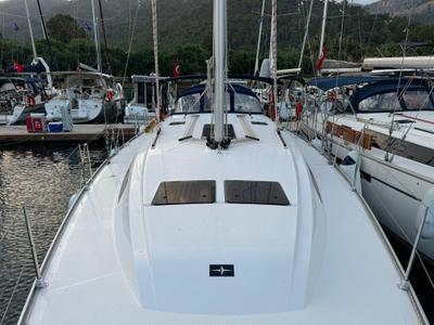 Deck of Orion, a Bavaria Cruiser 46 sailboat at Fethiye, Turkey