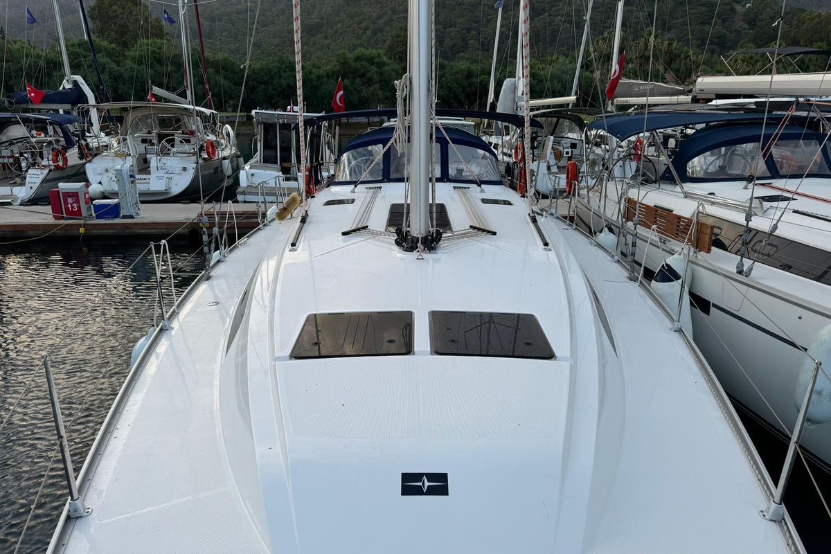 Deck of Orion, a Bavaria Cruiser 46 sailboat at Fethiye, Turkey