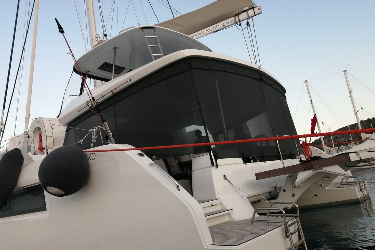 Exterior view of Clara, a Lagoon 50 catamaran at Marmaris, Turkey