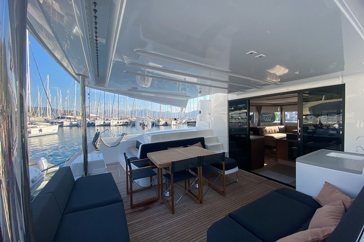 Deck of Clara, a Lagoon 50 catamaran at Marmaris, Turkey