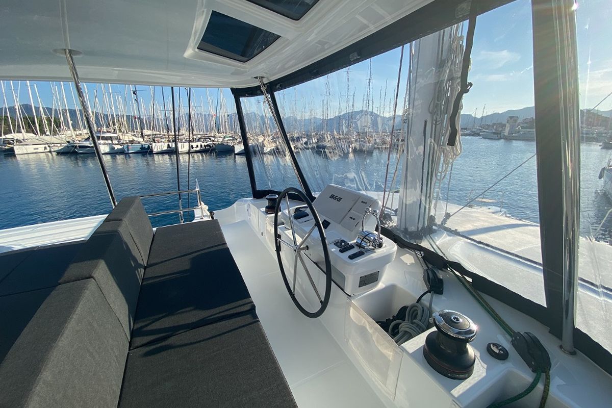 Cockpit of Clara, a Lagoon 50 catamaran at Marmaris, Turkey