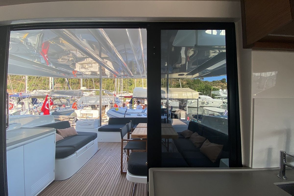 Deck of Clara, a Lagoon 50 catamaran at Marmaris, Turkey