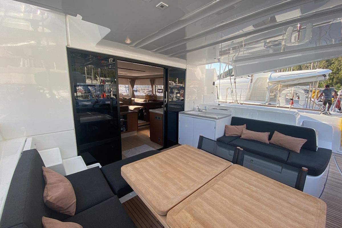 Deck of Clara, a Lagoon 50 catamaran at Marmaris, Turkey