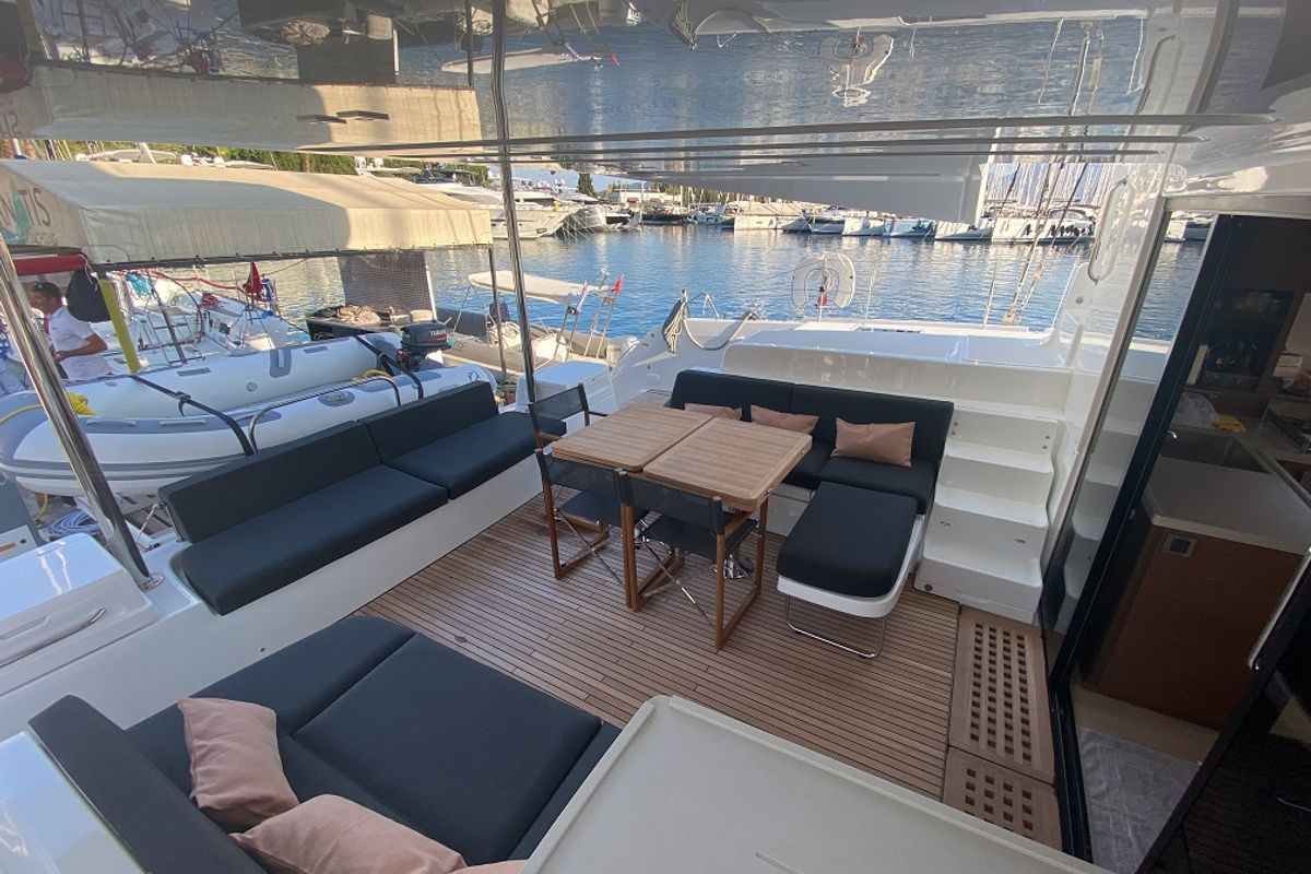 Deck of Clara, a Lagoon 50 catamaran at Marmaris, Turkey