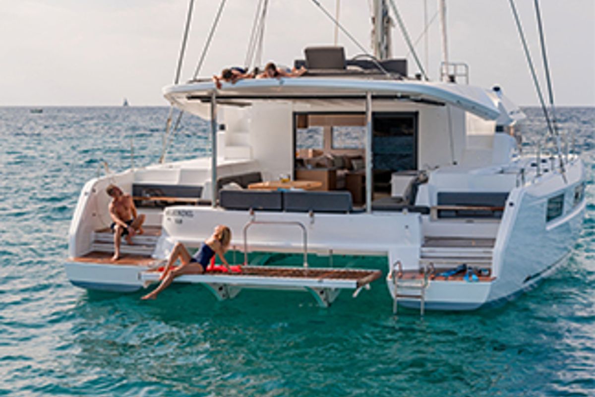 Exterior view of Clara, a Lagoon 50 catamaran at Marmaris, Turkey