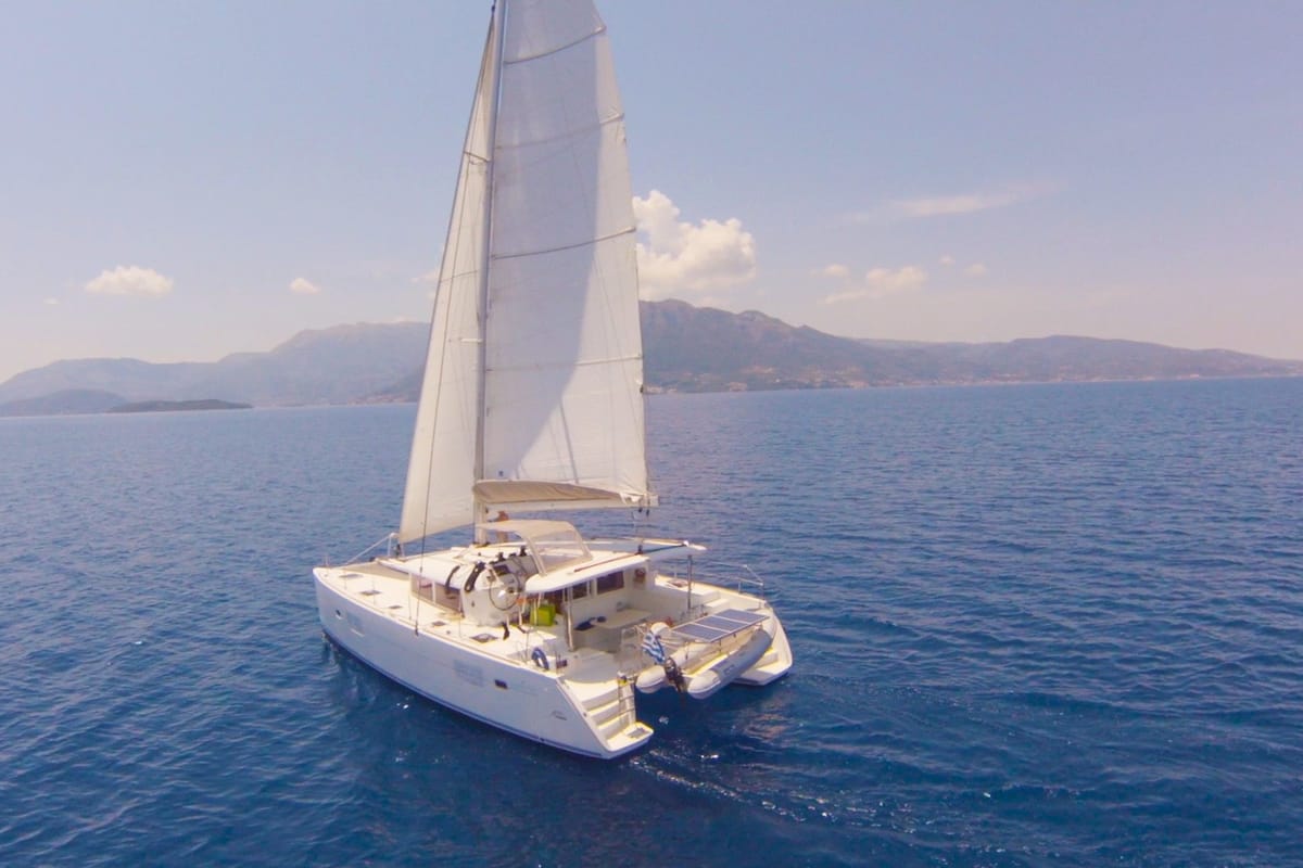 Exterior view of Tortuga, a Lagoon 400 catamaran at Municipal Unit of Lefkada, Greece