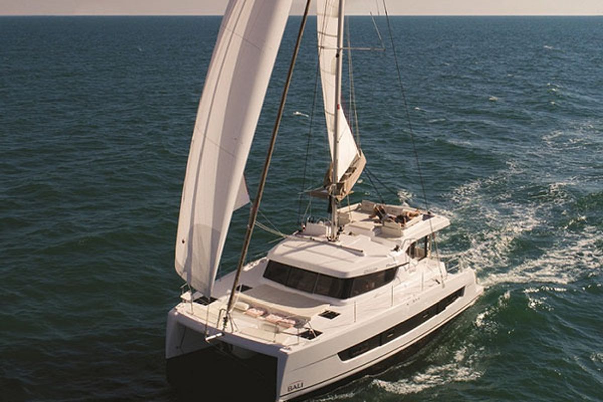 Exterior view of Time Out, a Bali Catspace catamaran at Marmaris, Turkey
