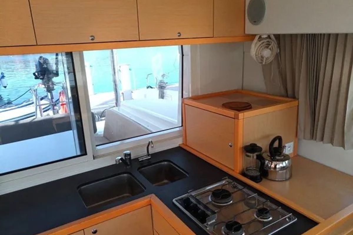 Galley of Tortilla, a Lagoon 39 catamaran at Athens, Greece