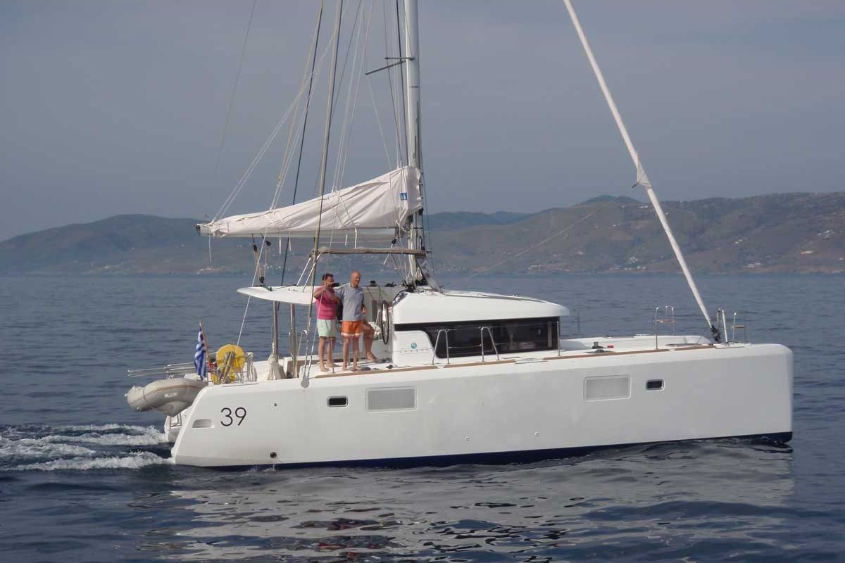 Exterior view of Tortilla, a Lagoon 39 catamaran at Athens, Greece