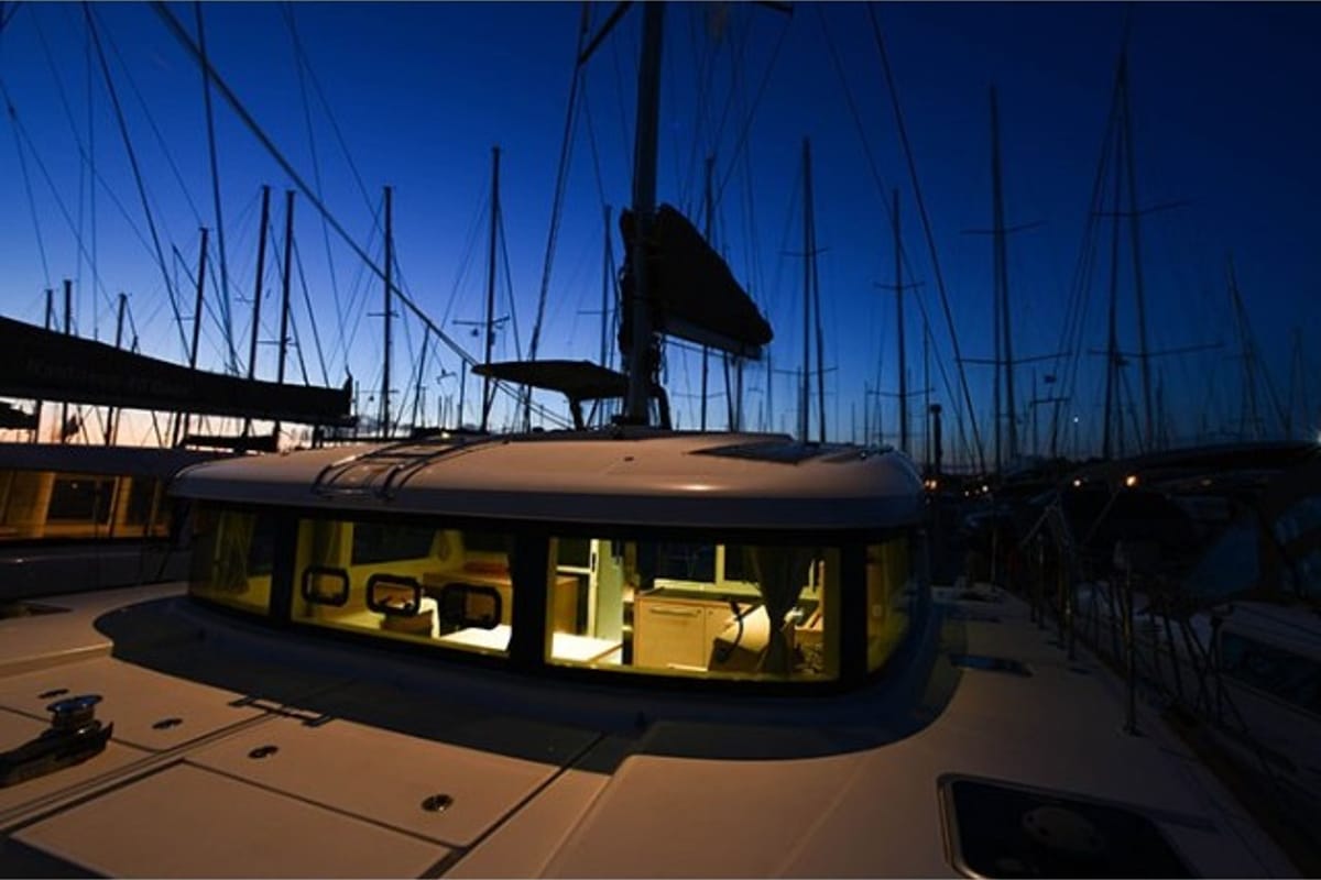 Exterior view of Tortilla, a Lagoon 39 catamaran at Athens, Greece