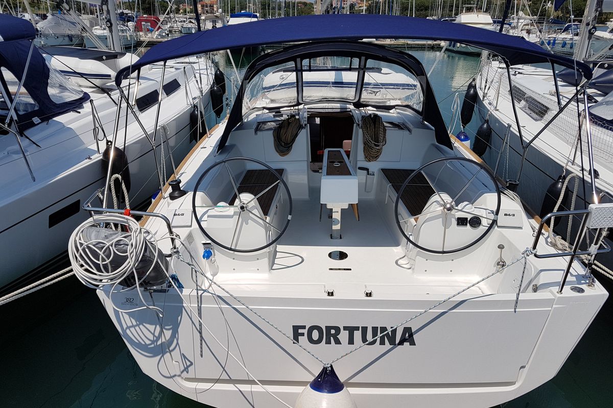 Cockpit of Fortuna, a Dufour 382 Grand Large sailboat at Općina Medulin, Croatia