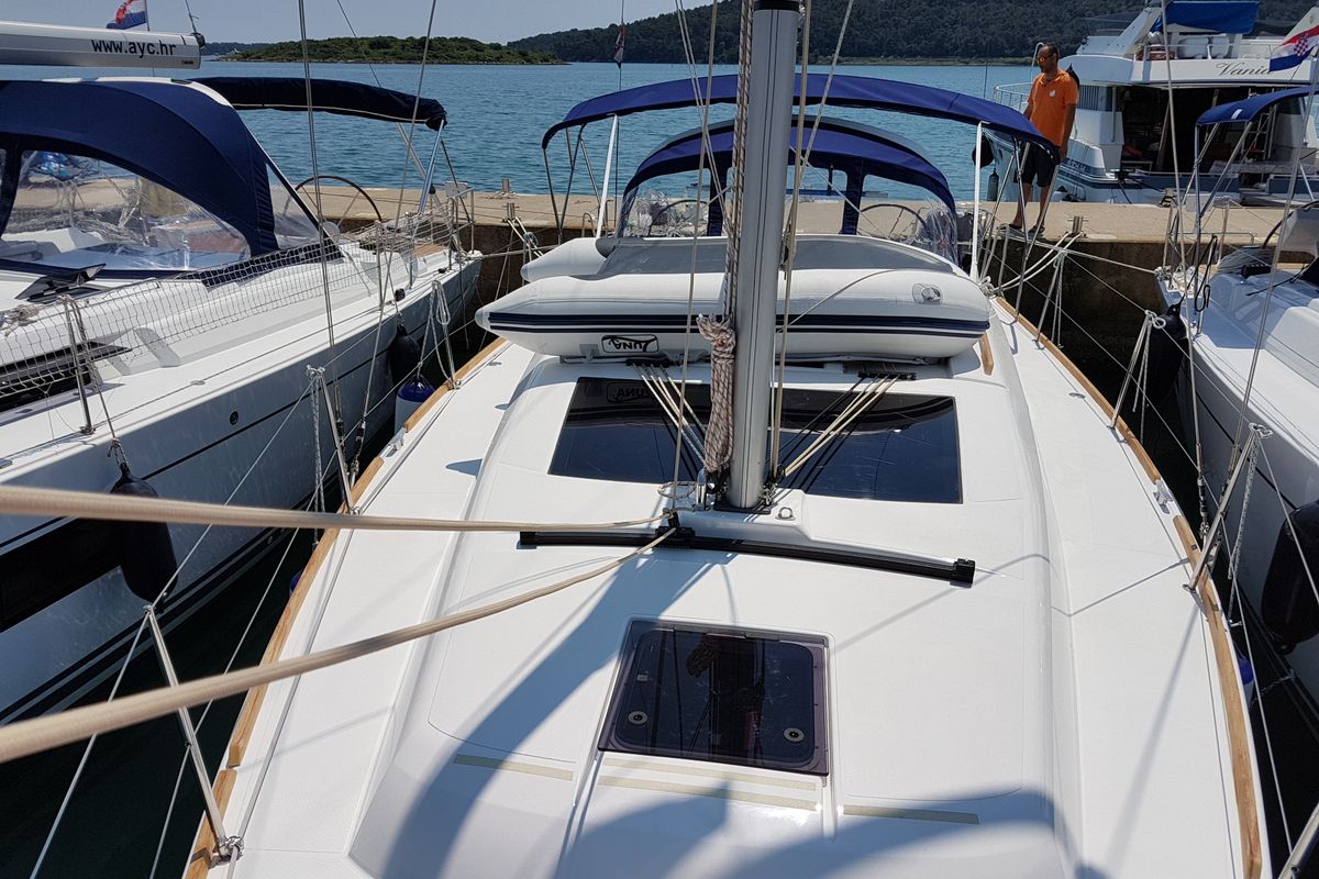 Deck of Fortuna, a Dufour 382 Grand Large sailboat at Općina Medulin, Croatia