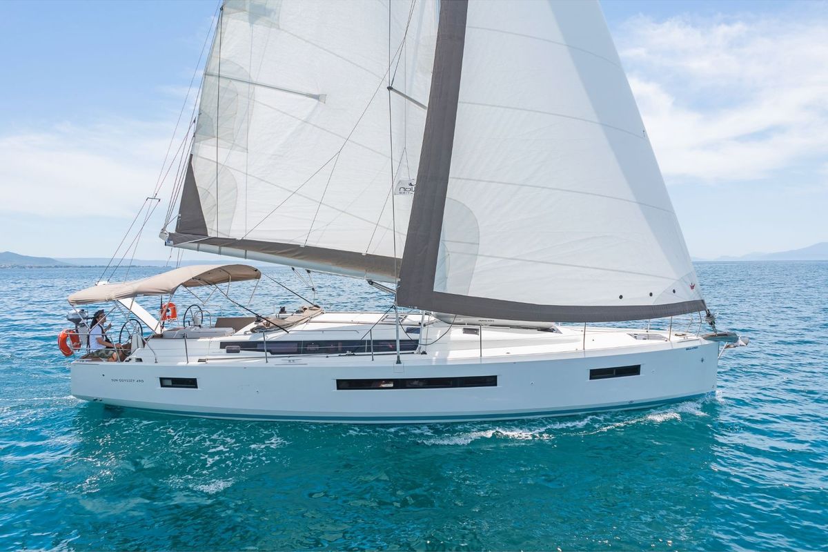 Exterior view of Jeanneau SO 490, a Jeanneau Sun Odyssey 490 sailboat at Municipal Unit of Lefkada, Greece