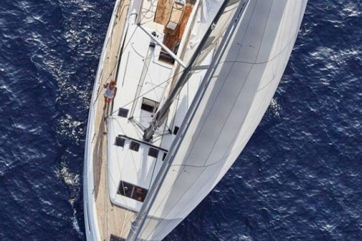 Exterior view of Jeanneau SO 490, a Jeanneau Sun Odyssey 490 sailboat at Municipal Unit of Lefkada, Greece
