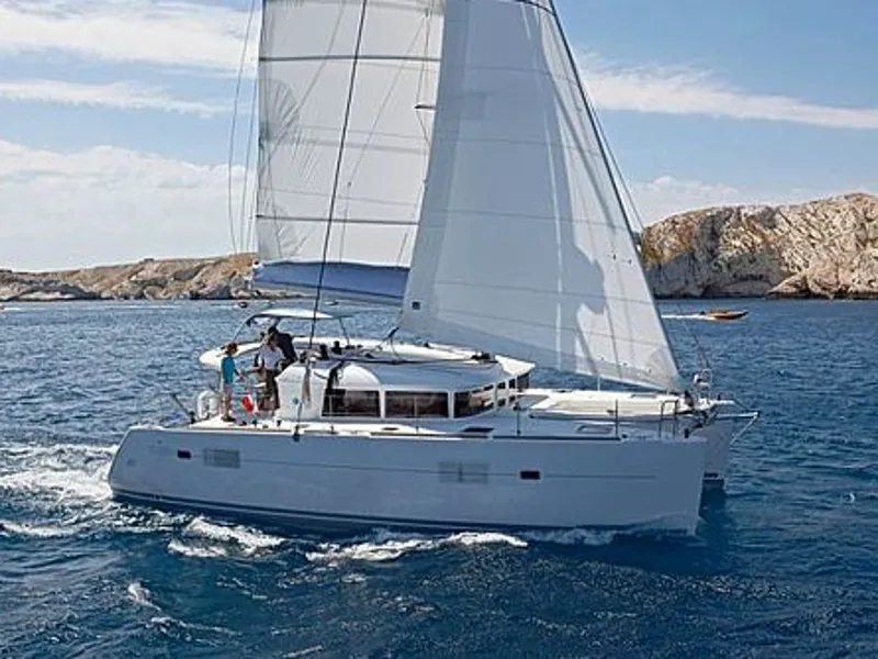 Exterior view of AF-LAG400, a Lagoon 400 catamaran at Athens, Greece
