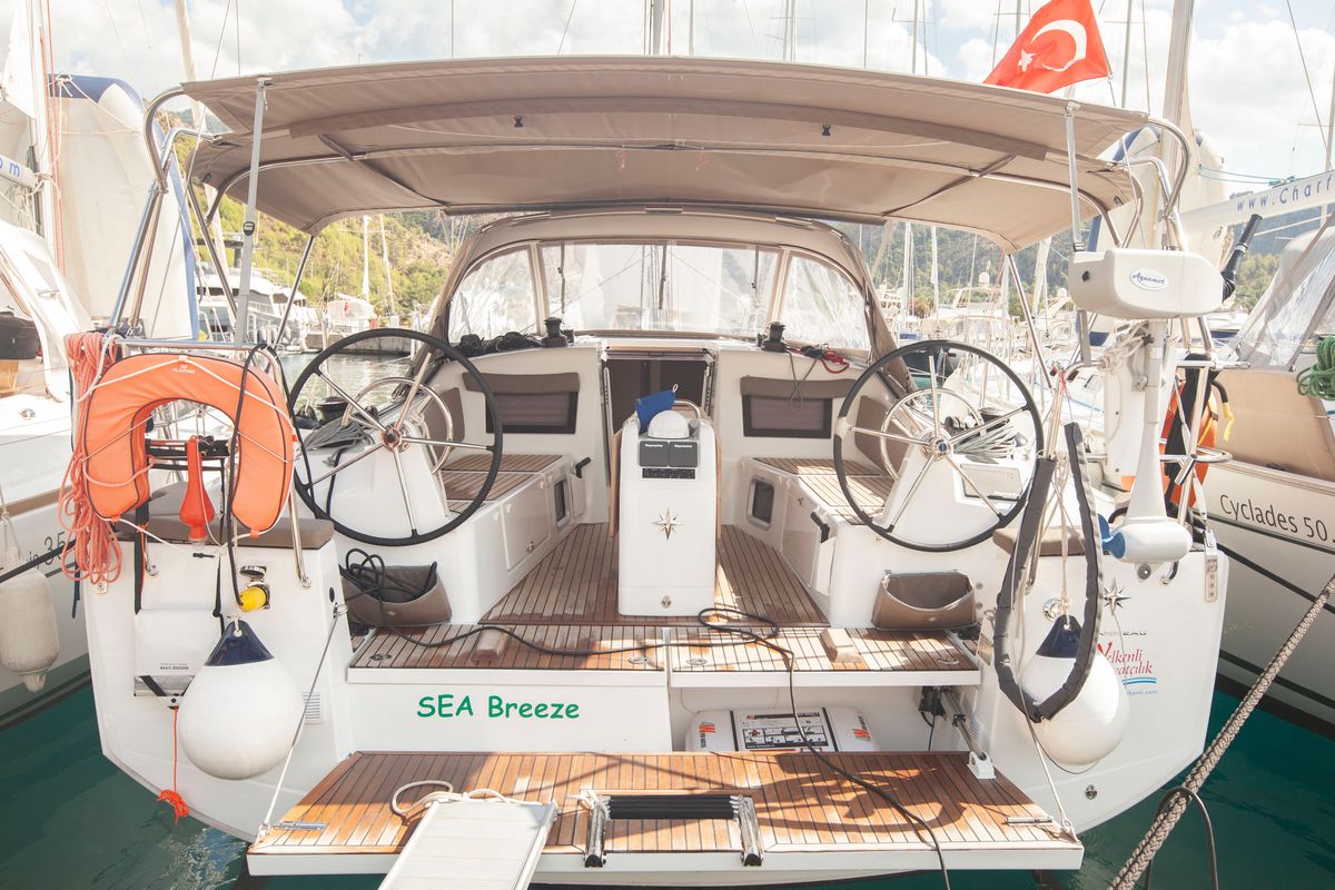 Cockpit of Sea Breeze, a Jeanneau Sun Odyssey 410 sailboat at Marmaris, Turkey