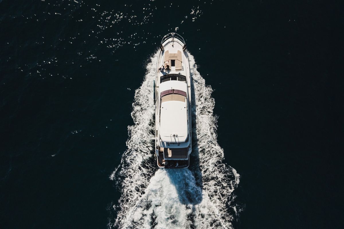 Exterior view of Shaft, a Jeanneau Prestige 590 Flybridge yacht at Podstrana - Miljevac, Croatia