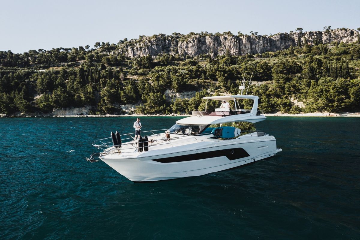 Exterior view of Shaft, a Jeanneau Prestige 590 Flybridge yacht at Podstrana - Miljevac, Croatia