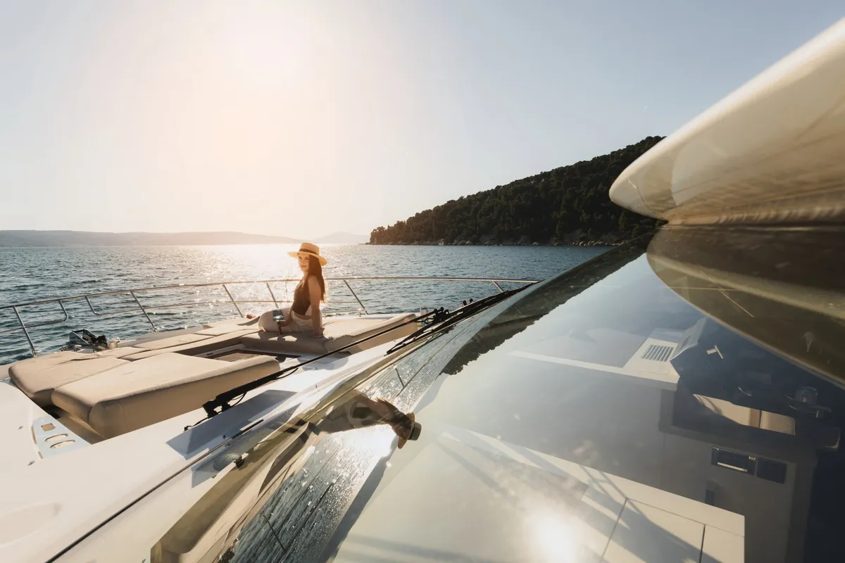 Exterior view of Shaft, a Jeanneau Prestige 590 Flybridge yacht at Podstrana - Miljevac, Croatia