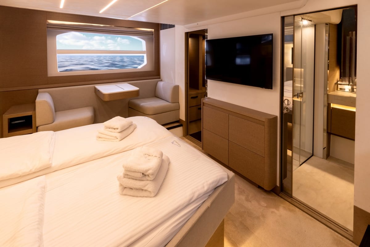 Cabin on Shaft, a Jeanneau Prestige 590 Flybridge yacht at Podstrana - Miljevac, Croatia