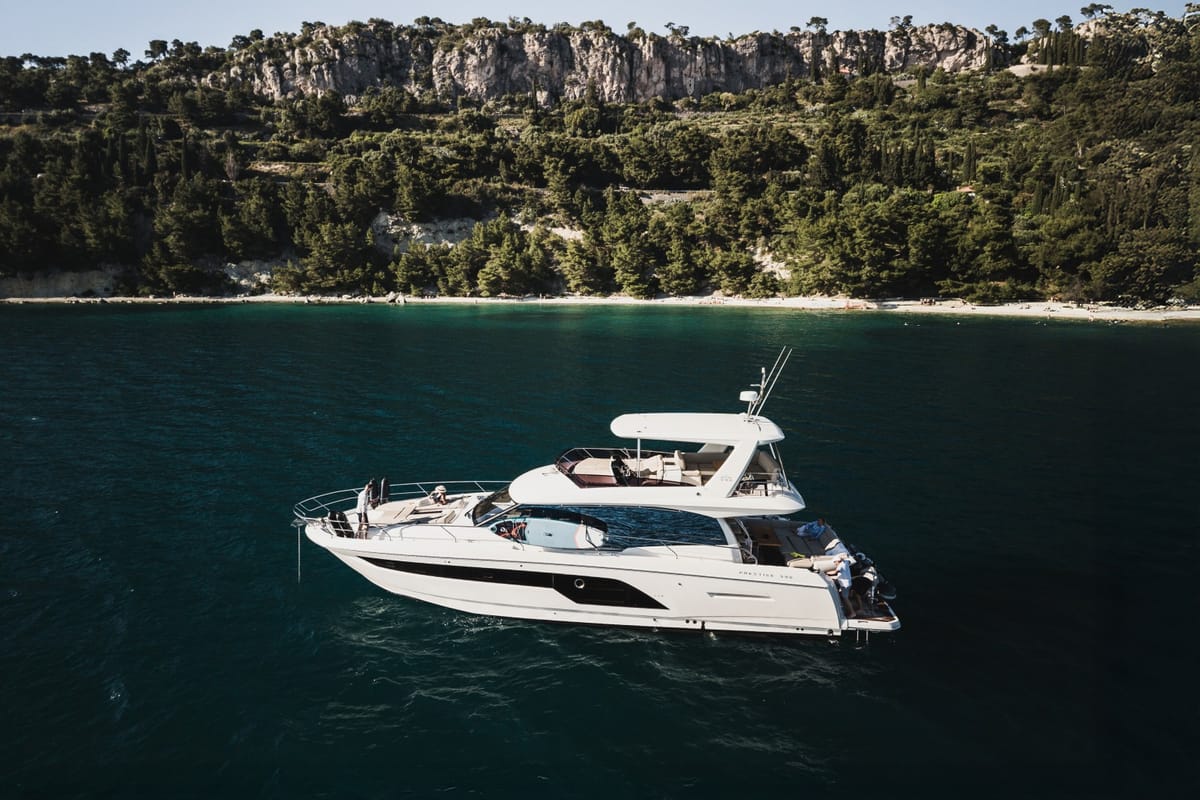 Exterior view of Shaft, a Jeanneau Prestige 590 Flybridge yacht at Podstrana - Miljevac, Croatia